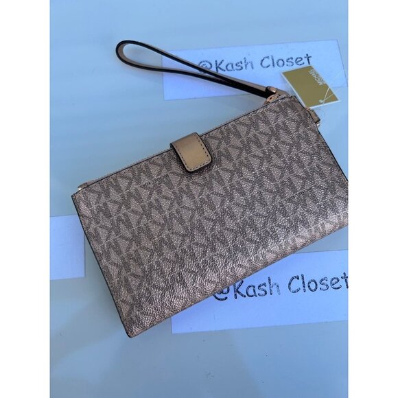 Michael Kors wristlet double zip wallet purse MK signature Rose Gold - Picture 2 of 8